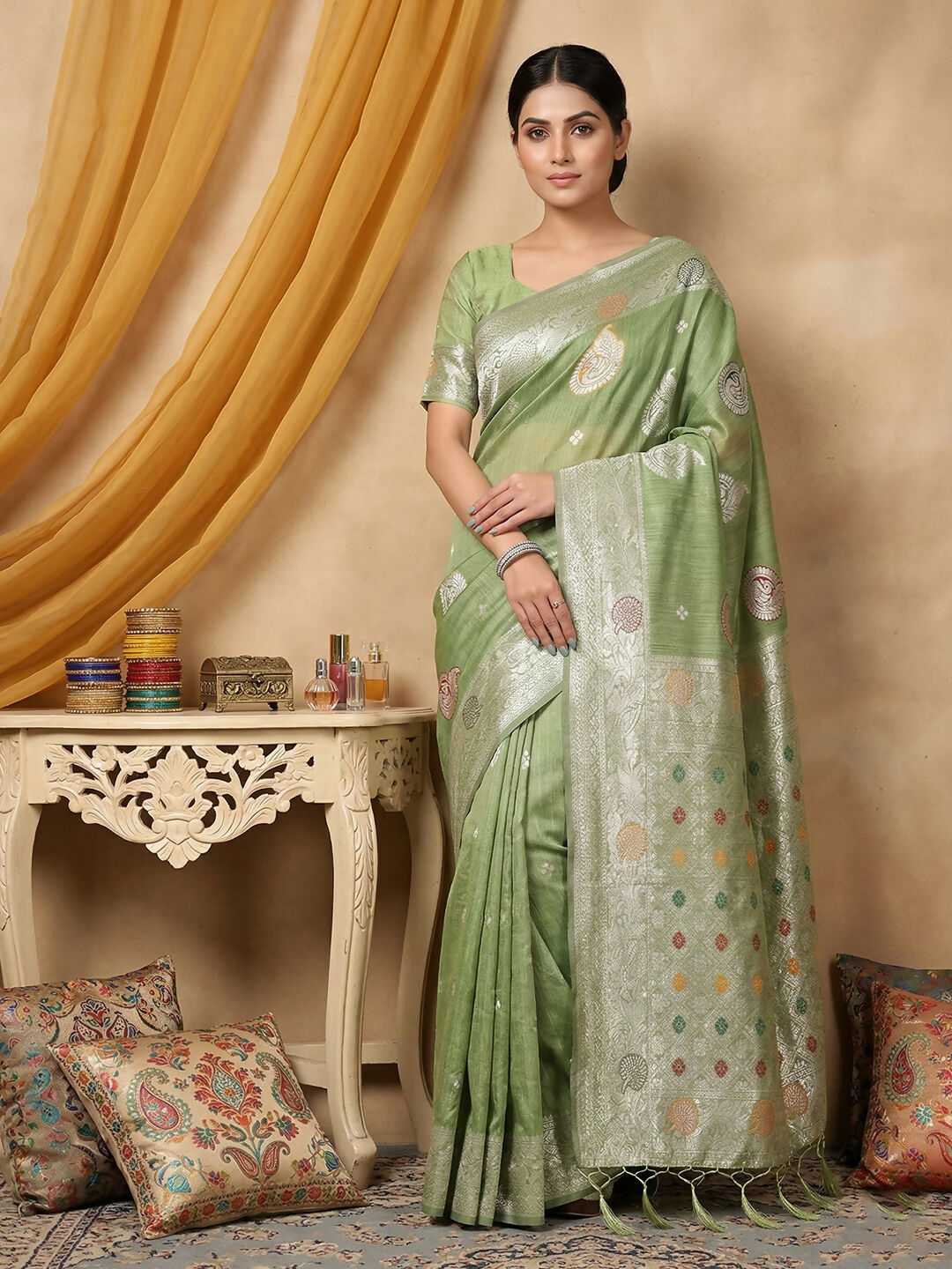 Shree Shyam Fashion Light Green Linen Cotton Saree - Distacart