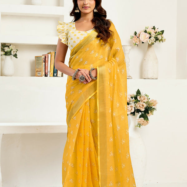 Vastranavya Yellow Digital Printed Linen Ready To Wear Designer Saree with Unstitched Blouse - Distacart
