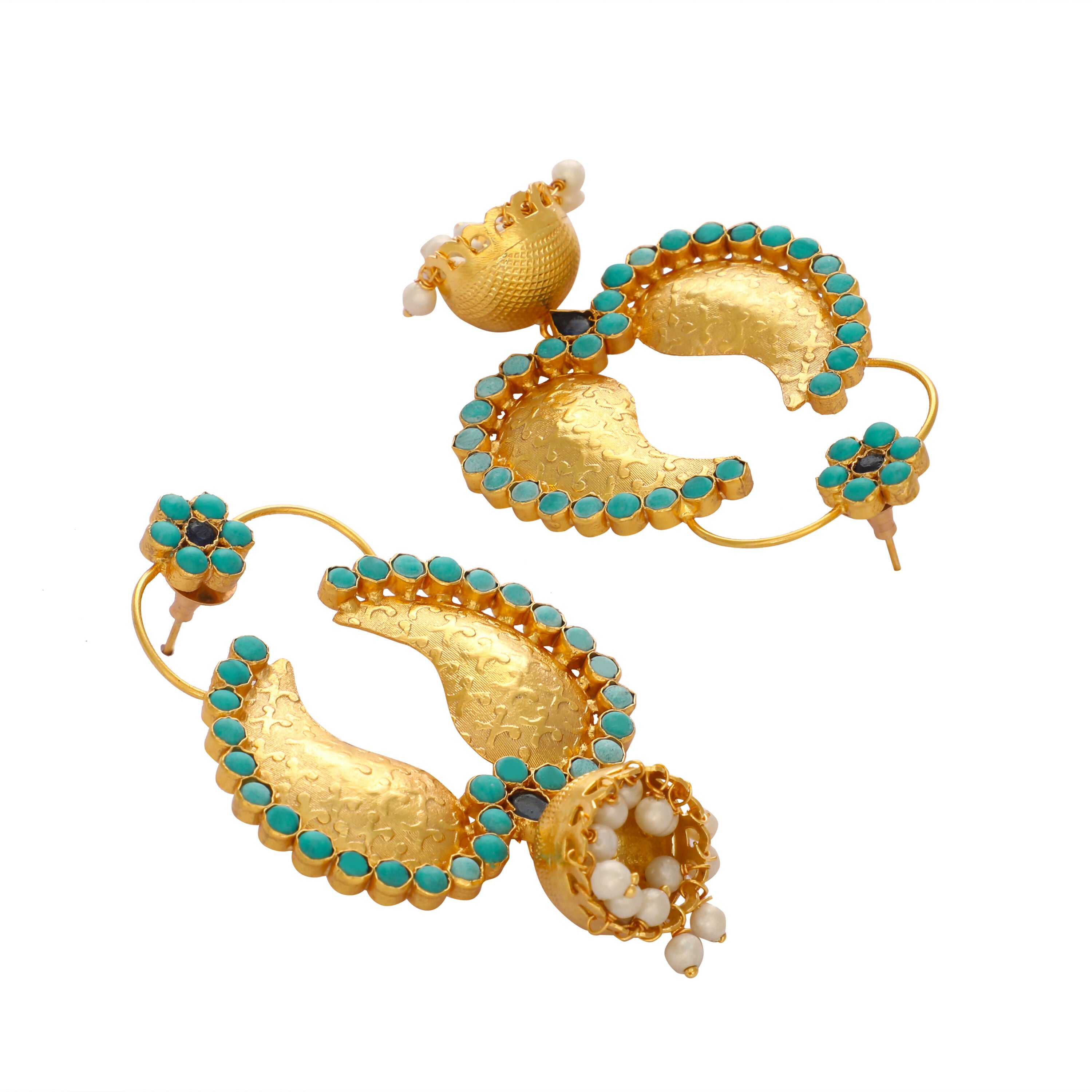 Nuyug 22K Gold Plated Turquoise Stone Studded Contemporary Mini Jhumki Dangler Earrings