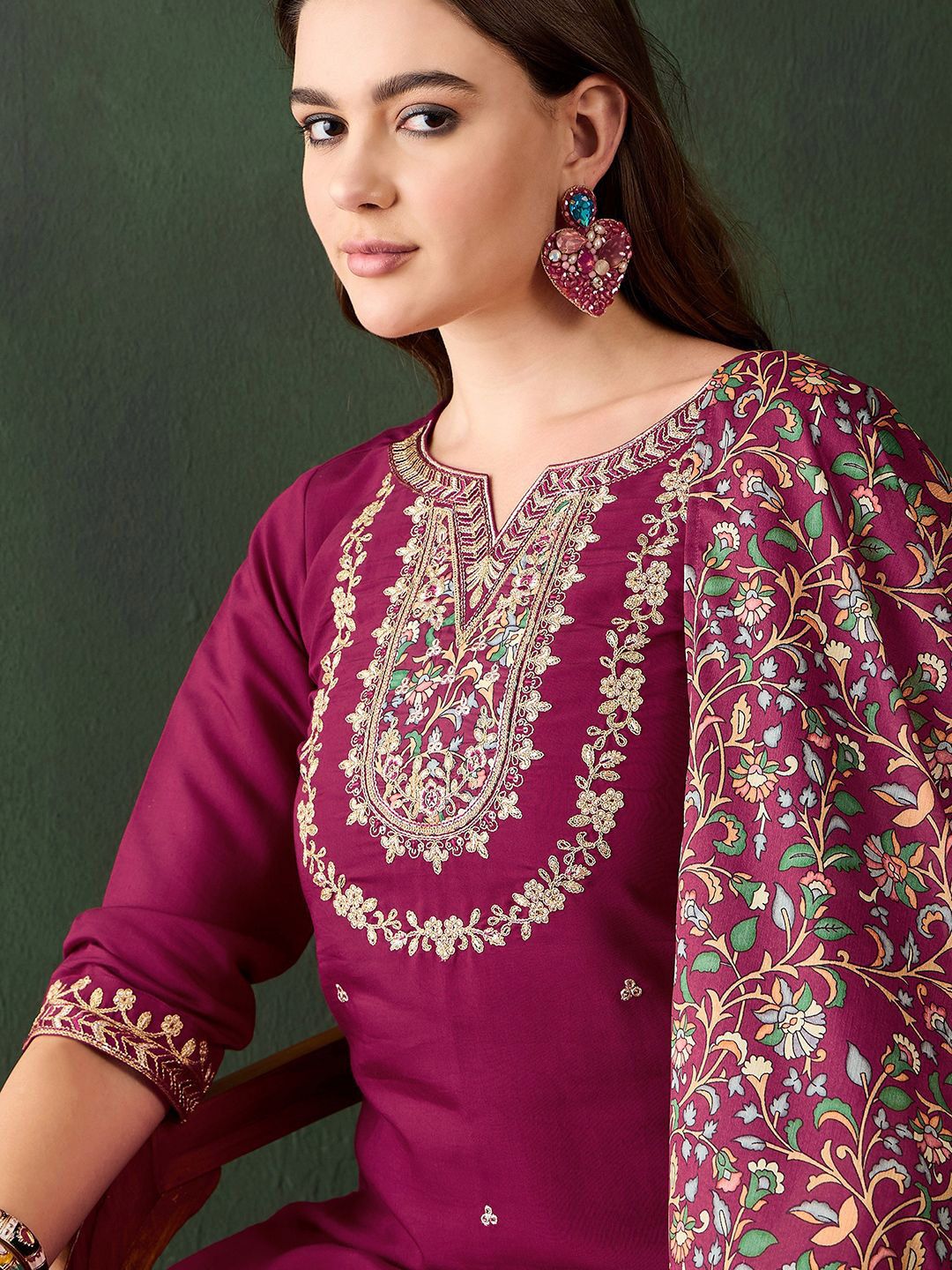 Sangria Embroidered Kurta & Trouser With Dupatta