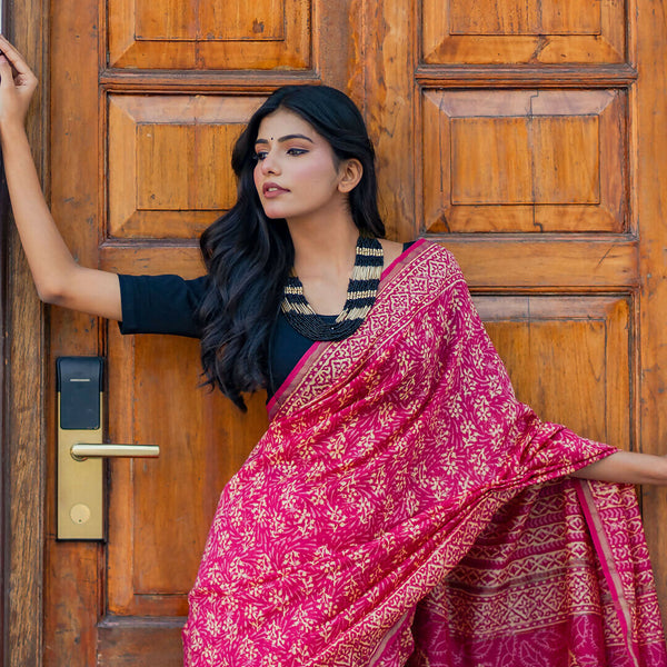 Zibaa Hand-Blocked Pure Chanderi Silk Pink Saree
