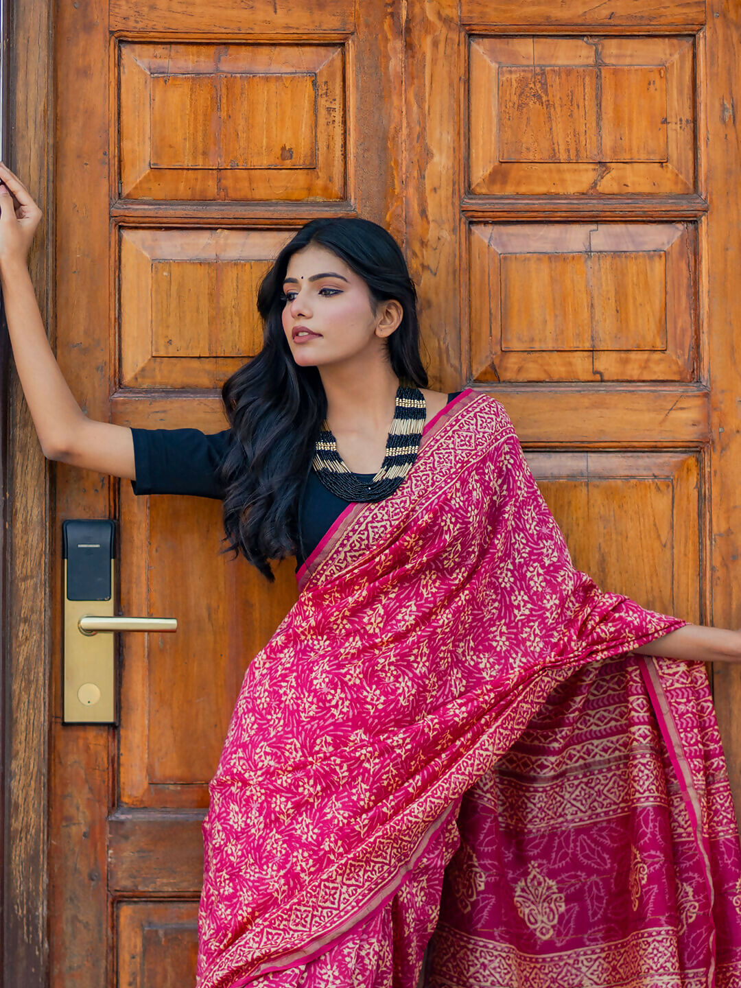 Zibaa Hand-Blocked Pure Chanderi Silk Pink Saree - Distacart