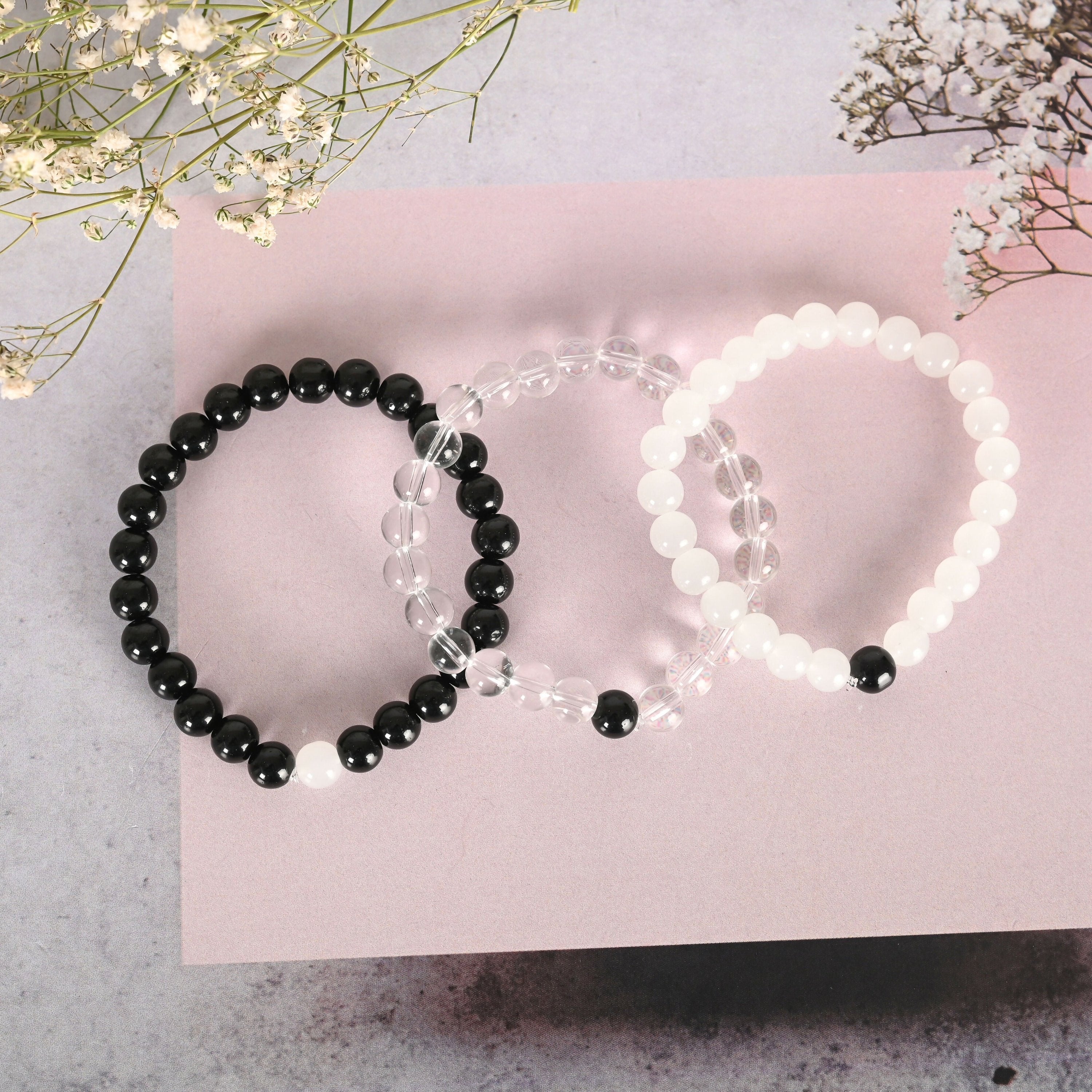 NVR Men & Women Transparent & White & Black Marbel Crystal Elasticated Bracelet - Distacart