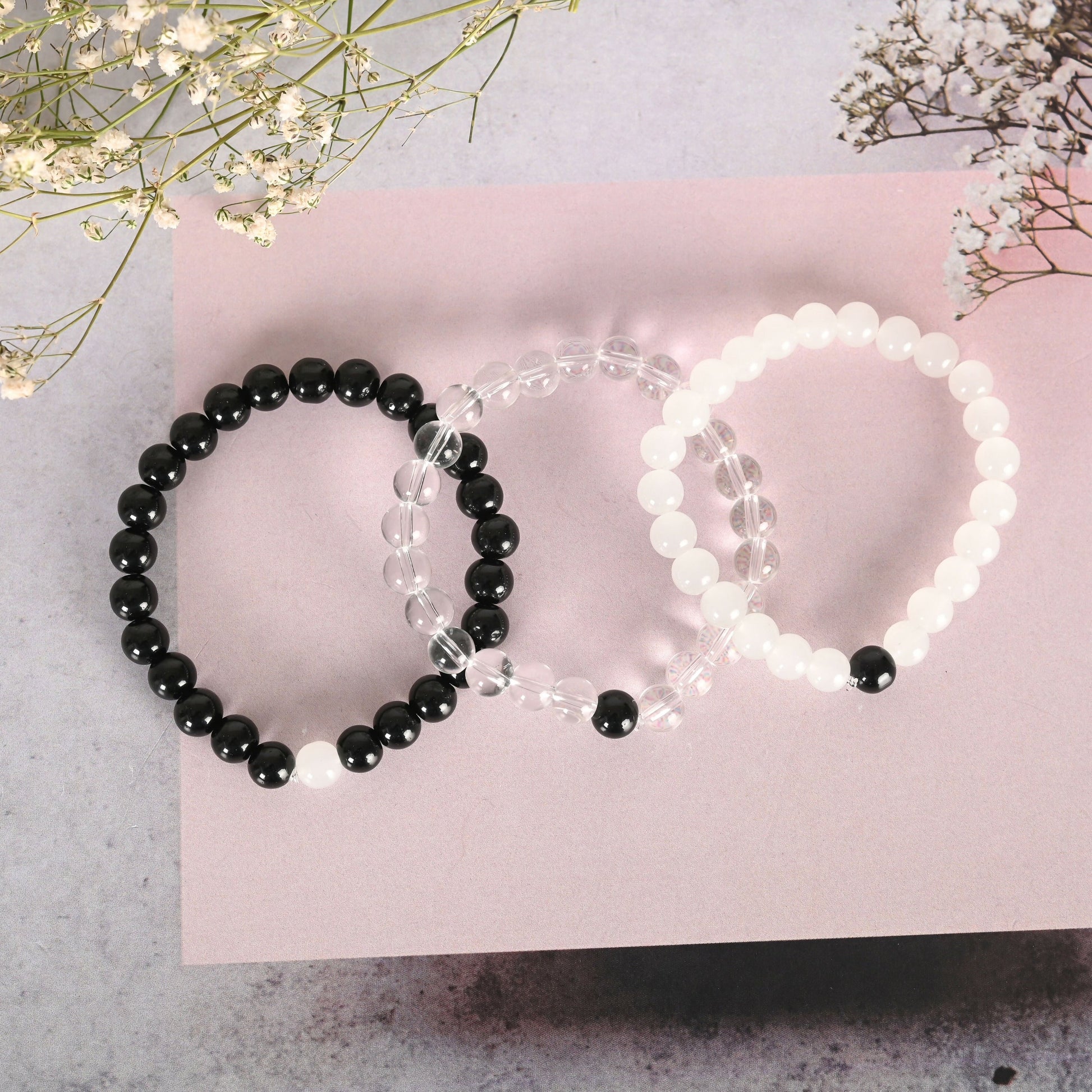 NVR Men & Women Transparent & White & Black Marbel Crystal Elasticated Bracelet - Distacart