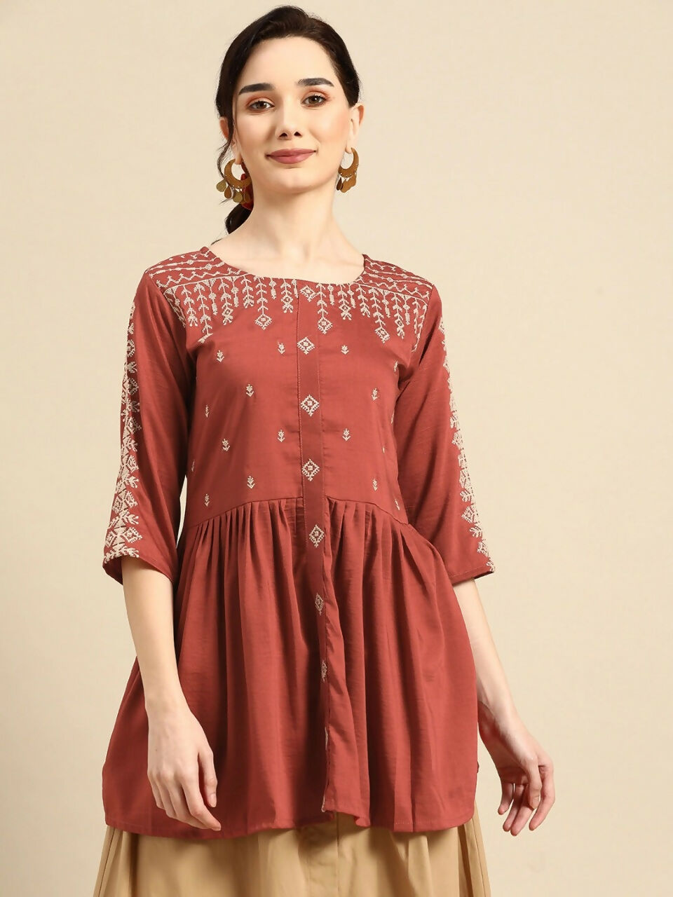 Women's Rust Viscose blend Embroidered Short Top - Marina - Distacart