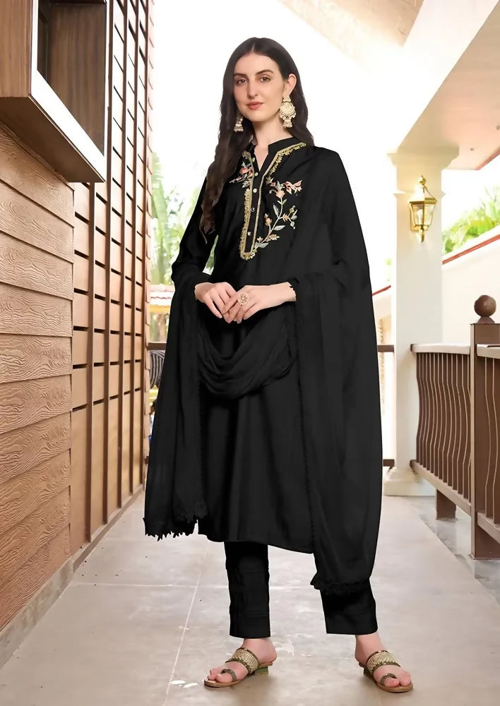 Nikhaar Black Embroidered Art Silk Straight Cut Readymade Pakistani Suit