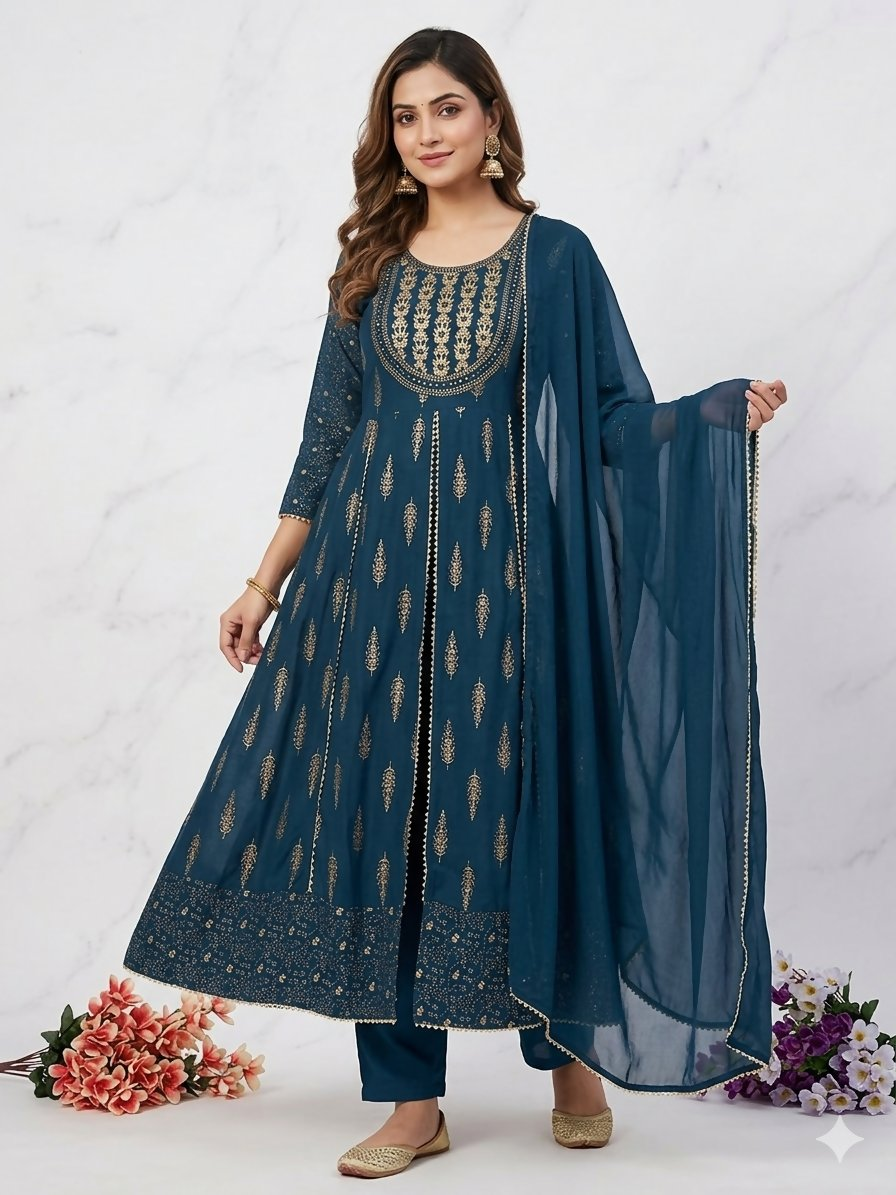 Teeya Creation Women's Teal Blue Fully Stitched Anarkali Suit With Pant And Dupatta - Dista