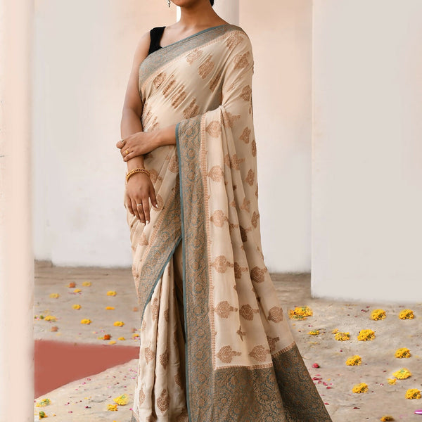 Joban Fashion Ivory Crepe Chiffon Pure Handloom Banarasi Silk Saree - Dista