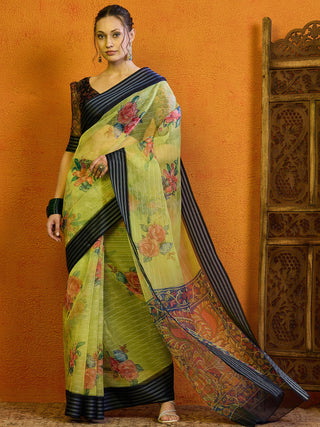NOZ2TOZ Women's Organza Light Green Printed Designer Saree With Blouse Piece - Distacart