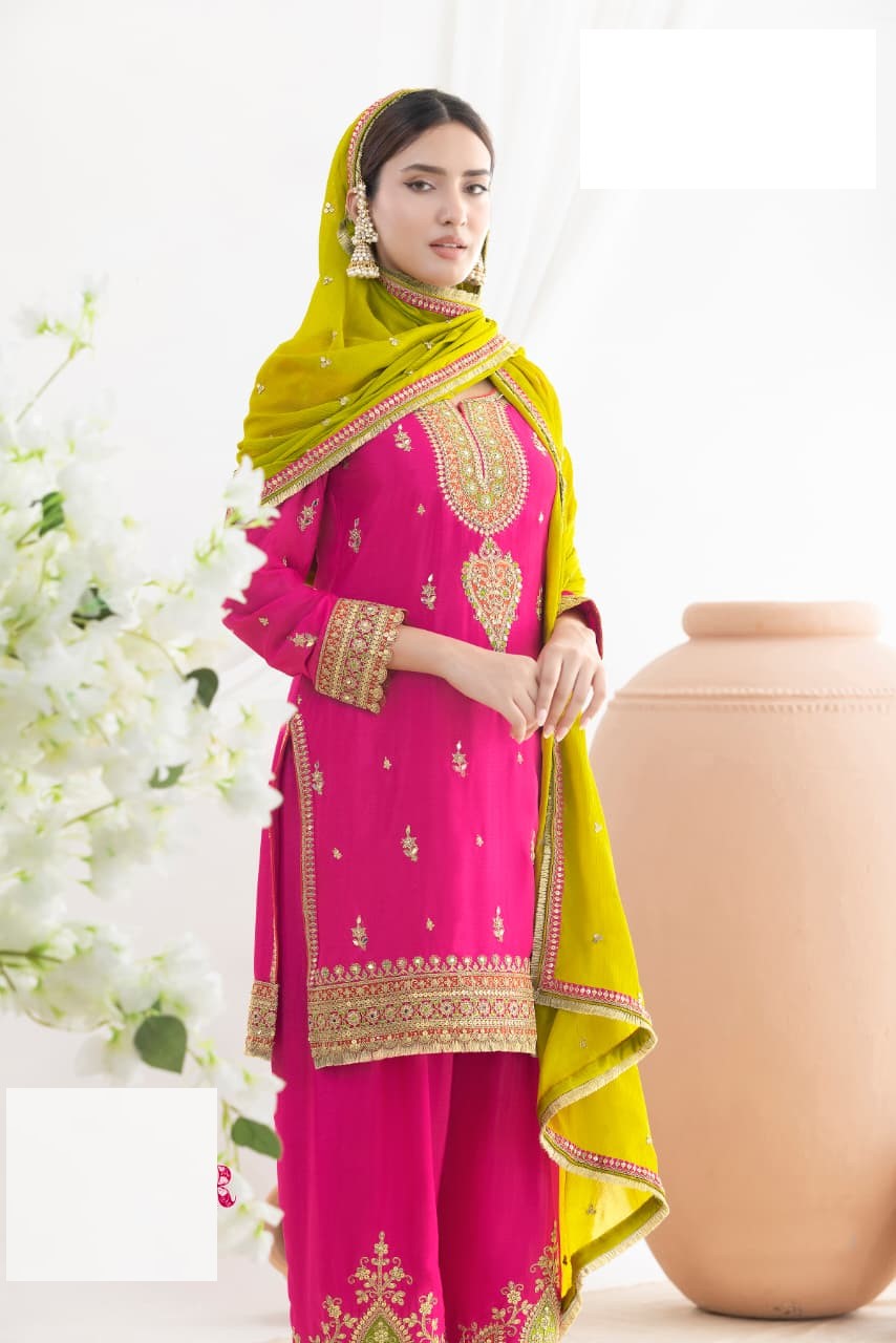 Aarshi Fashions Pink Chinon Wedding Suits