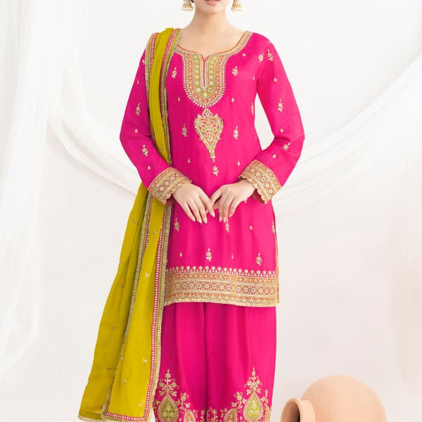 Aarshi Fashions Pink Chinon Wedding Suits