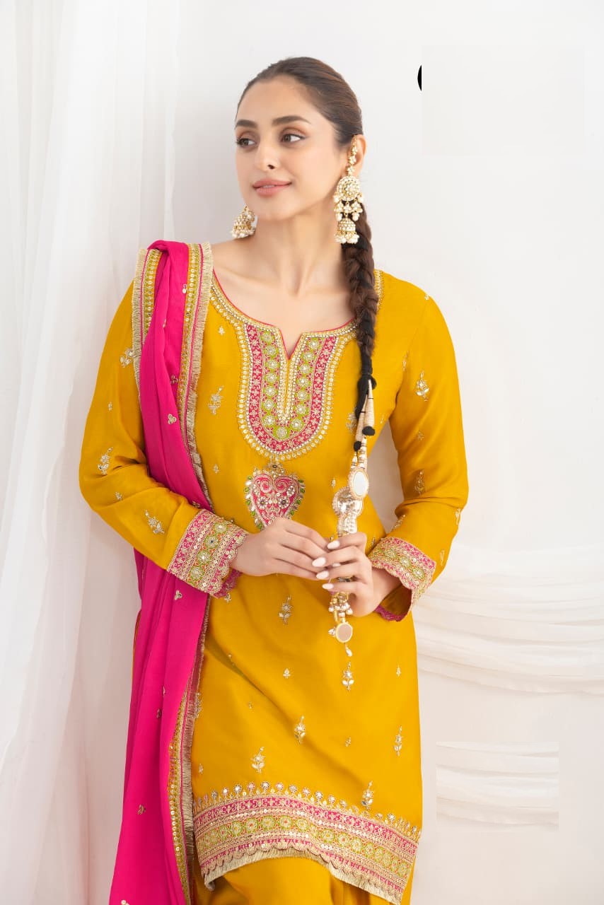 Aarshi Fashions Yellow Chinon Wedding Suits - Distacart