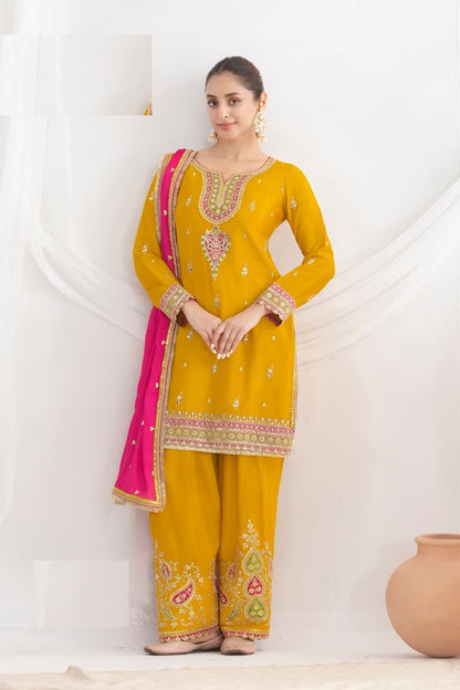 Aarshi Fashions Yellow Chinon Wedding Suits - Distacart