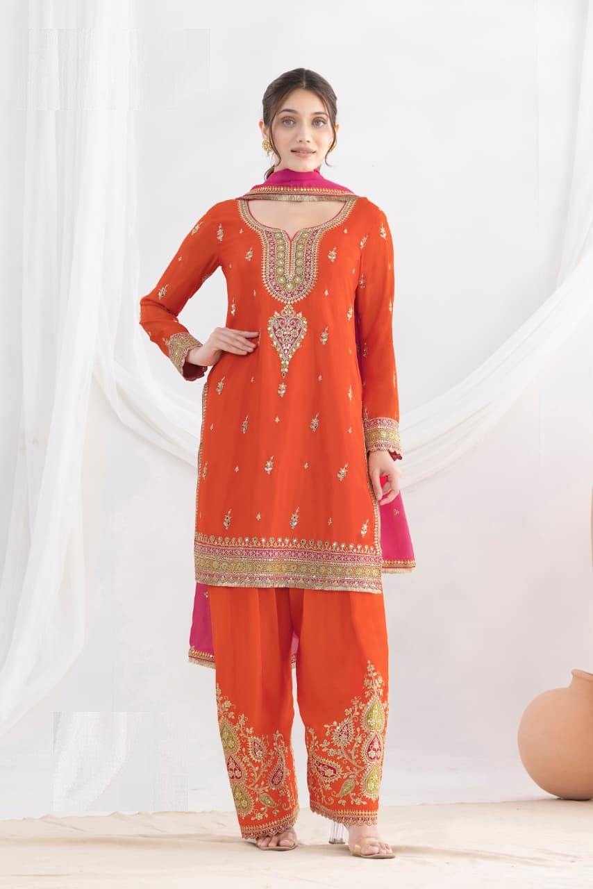 Aarshi Fashions Orange Chinon Wedding Suits