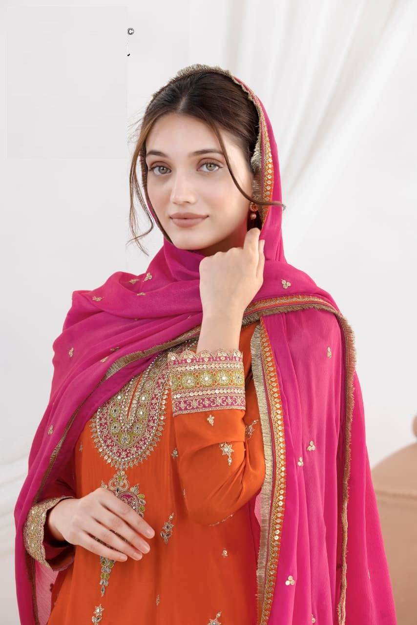 Aarshi Fashions Orange Chinon Wedding Suits - Distacart