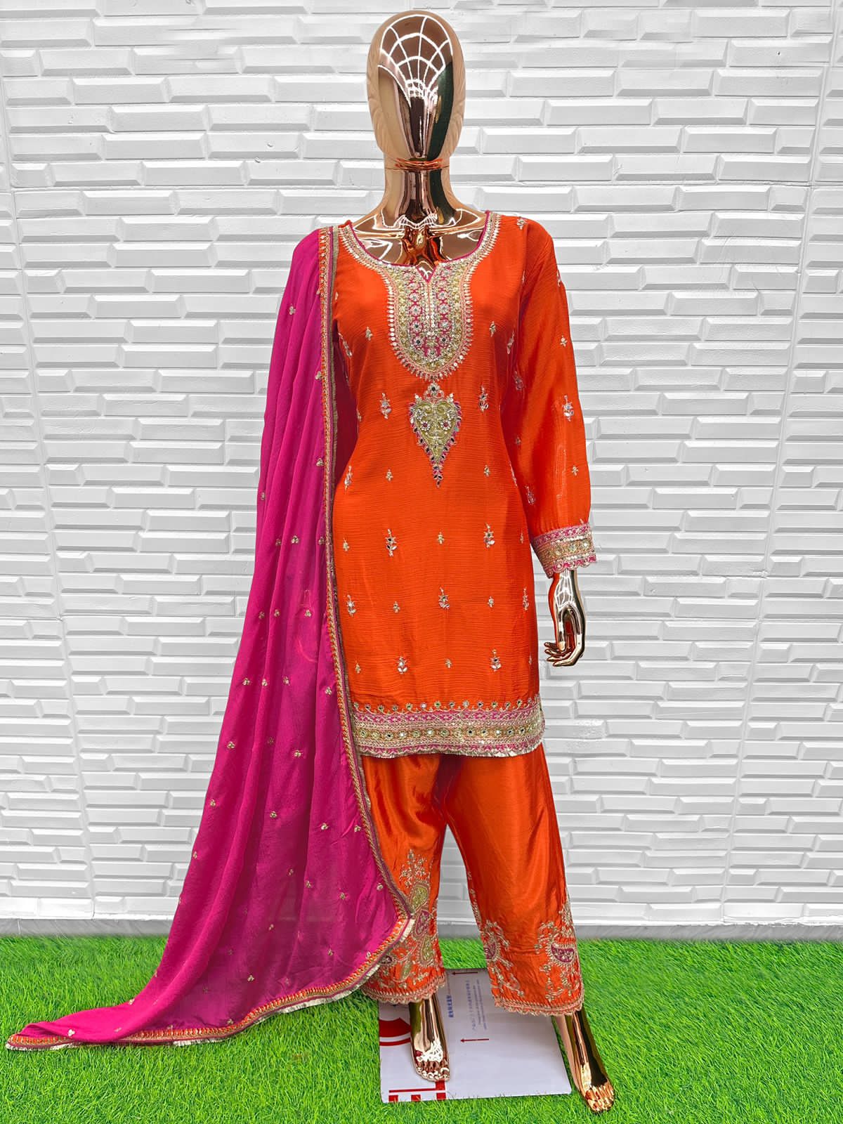 Aarshi Fashions Orange Chinon Wedding Suits
