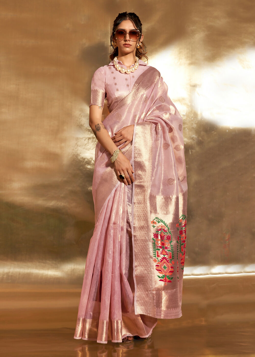 Pink Handwoven Tissue Fabric Festive & Party Style Saree - Emponline - Distacart