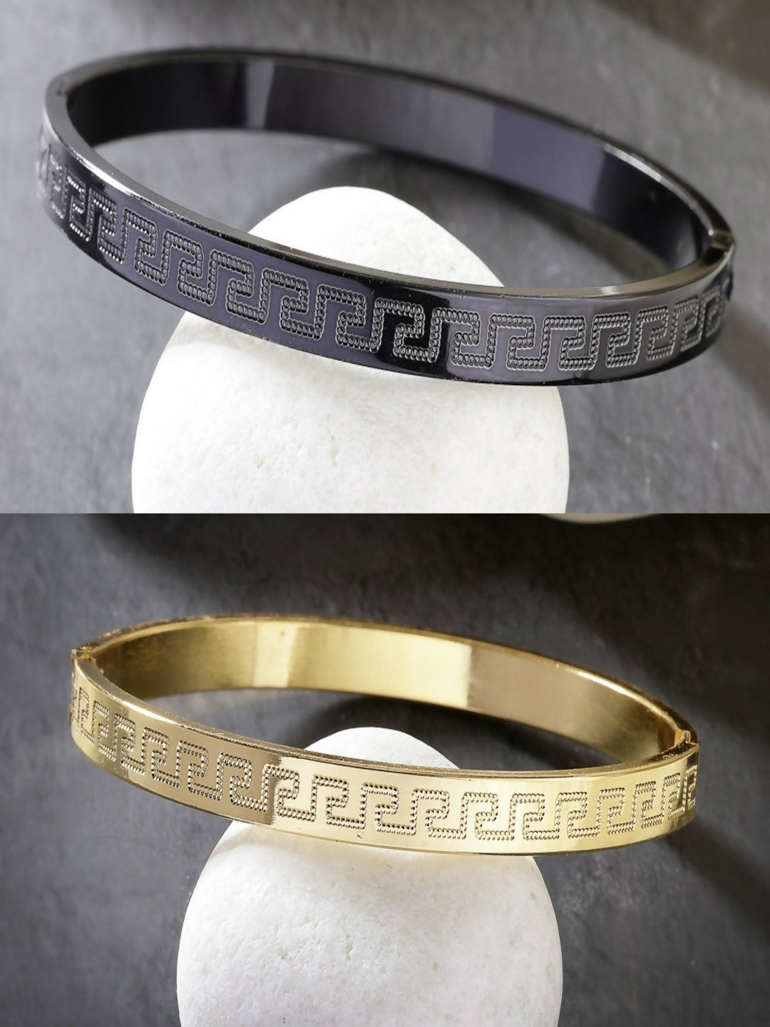 NVR Men's Set of 2 Gold & Black Rhodium-Plated Stainless Steel Kada Bracelet - Distacart
