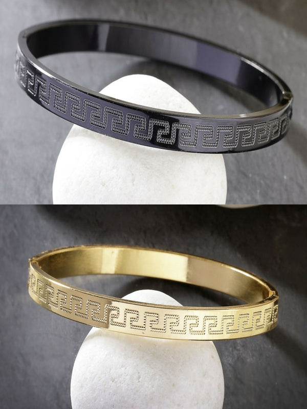 NVR Men's Set of 2 Gold & Black Rhodium-Plated Stainless Steel Kada Bracelet - Distacart