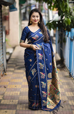 Thumbnail for Navy Blue Pure Silk Woven Design Saree with Unstitched Blouse - A2M