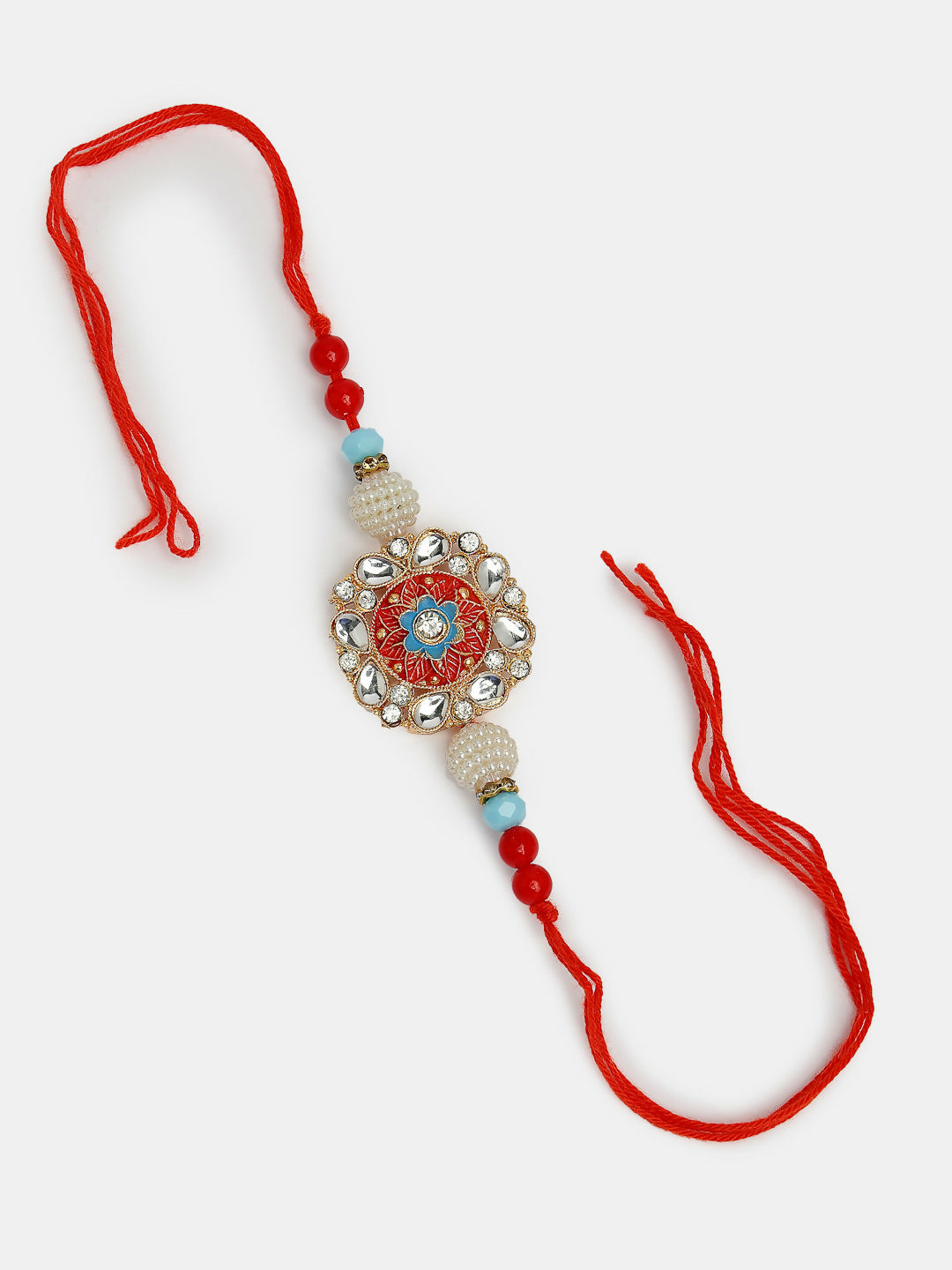 NVR Women & Men Set of 2 Red-colored Stone-Studded & Beaded Bhaiya Bhabhi Rakhi With Roli Chawal - Distacart