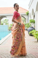 Thumbnail for Vishnu Weaves Women's Peach Muga Cotton Thread Weaving Saree with Blouse