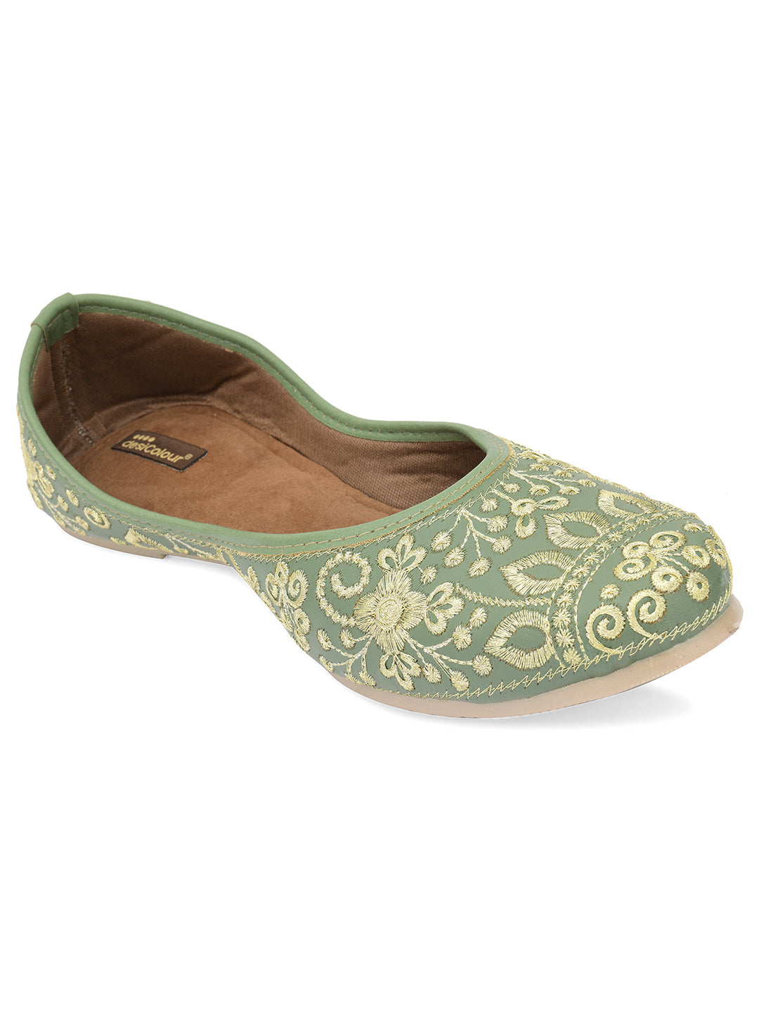 Desi Colour Women Indian Ethnic Footwear-Cushioned Green Embroidered - Distacart