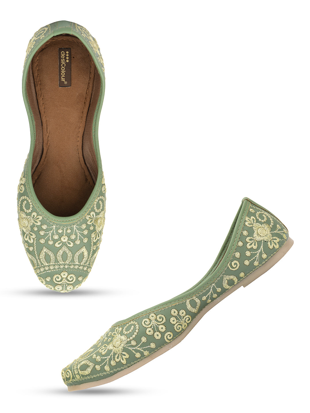 Desi Colour Women Indian Ethnic Footwear-Cushioned Green Embroidered - Distacart