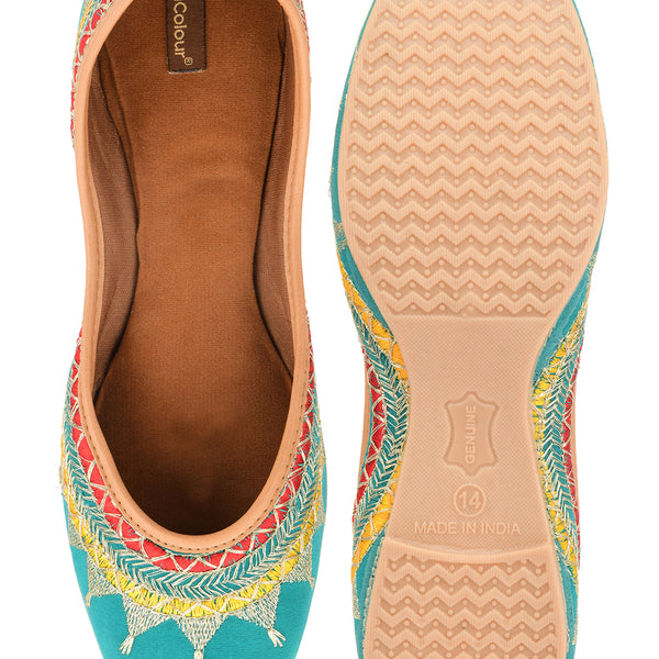 Desi Colour Women Indian Ethnic Footwear-Embroidered Sea Green Zari - Distacart