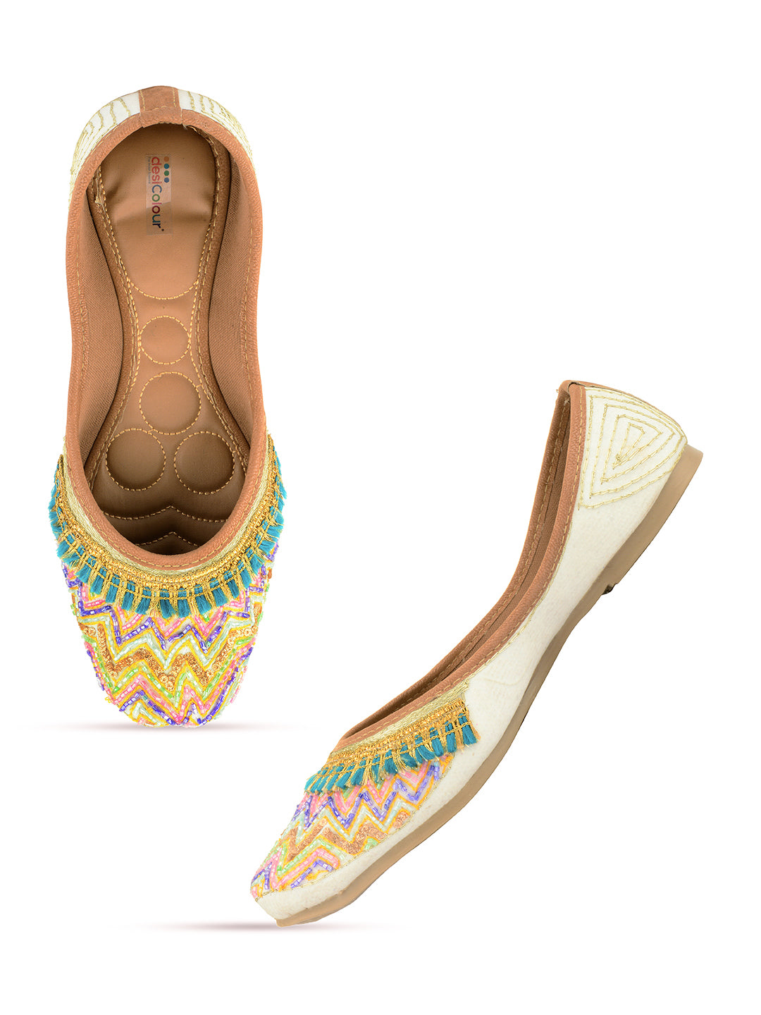 Desi Colour Women Indian Ethnic Footwear-White Multi Zigzag - Distacart