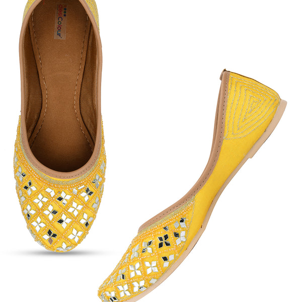 Desi Colour Women Indian Ethnic Footwear-Mirror Art- Yellow - Distacart