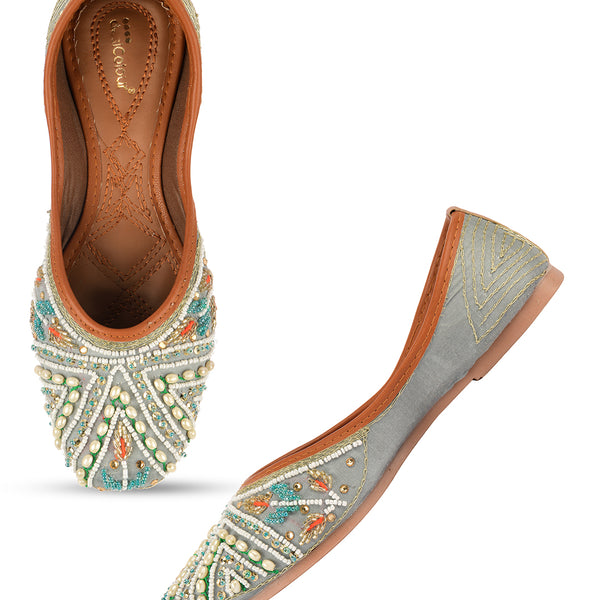 Desi Colour Women Indian Ethnic Footwear-Party Wear Grey Multi Pearl - Distacart