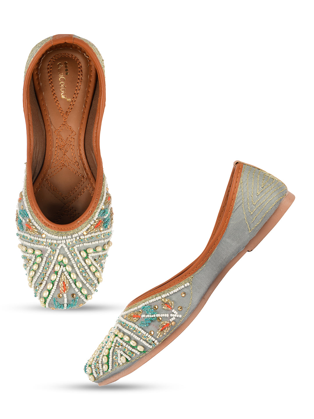 Desi Colour Women Indian Ethnic Footwear-Party Wear Grey Multi Pearl - Distacart
