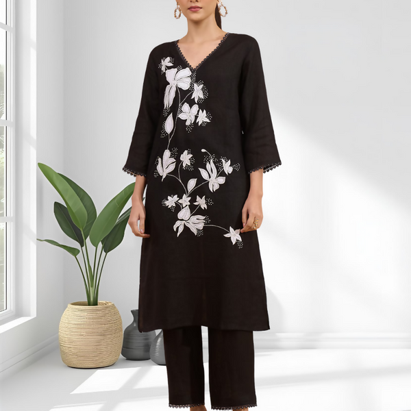 Joban Fashion Black Linen Embroidered Readymade Long Kurta With Pant - Distacart