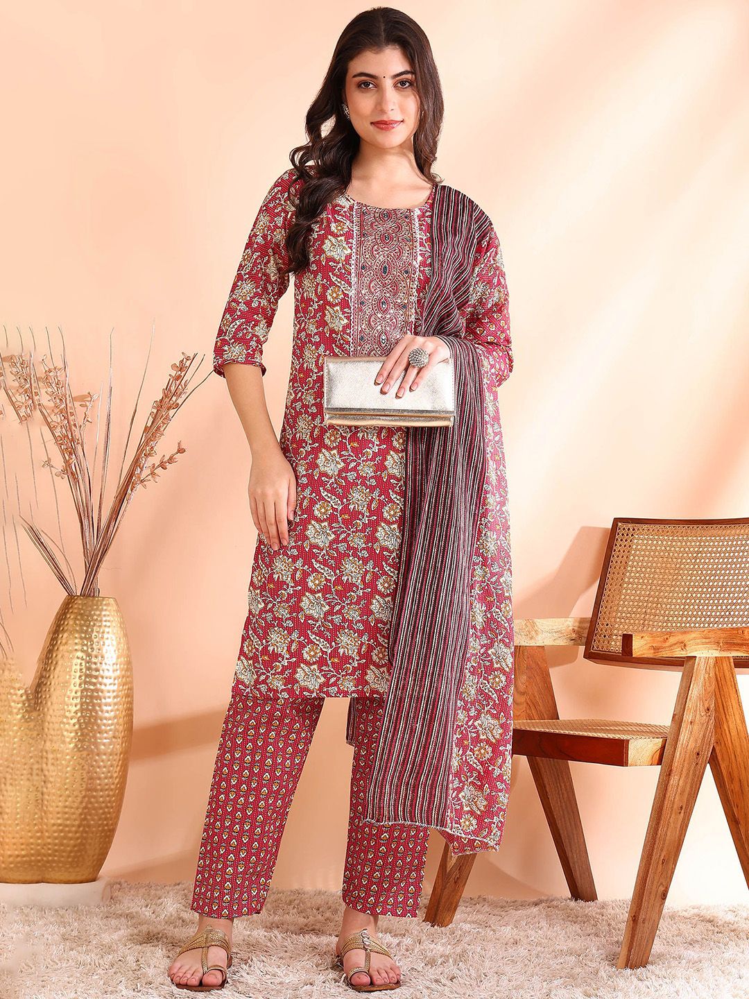 Ode by House of Pataudi Printed Mirror Work Pure Cotton Kurta With Trousers & Dupatta - Distacart