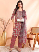 Thumbnail for Ode by House of Pataudi Printed Mirror Work Pure Cotton Kurta With Trousers & Dupatta - Distacart