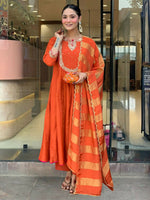 Thumbnail for The52 Rust Women's Gorgeous Embroidered Work Chanderi Fabric Flared Kurta Pant and Dupatta Set