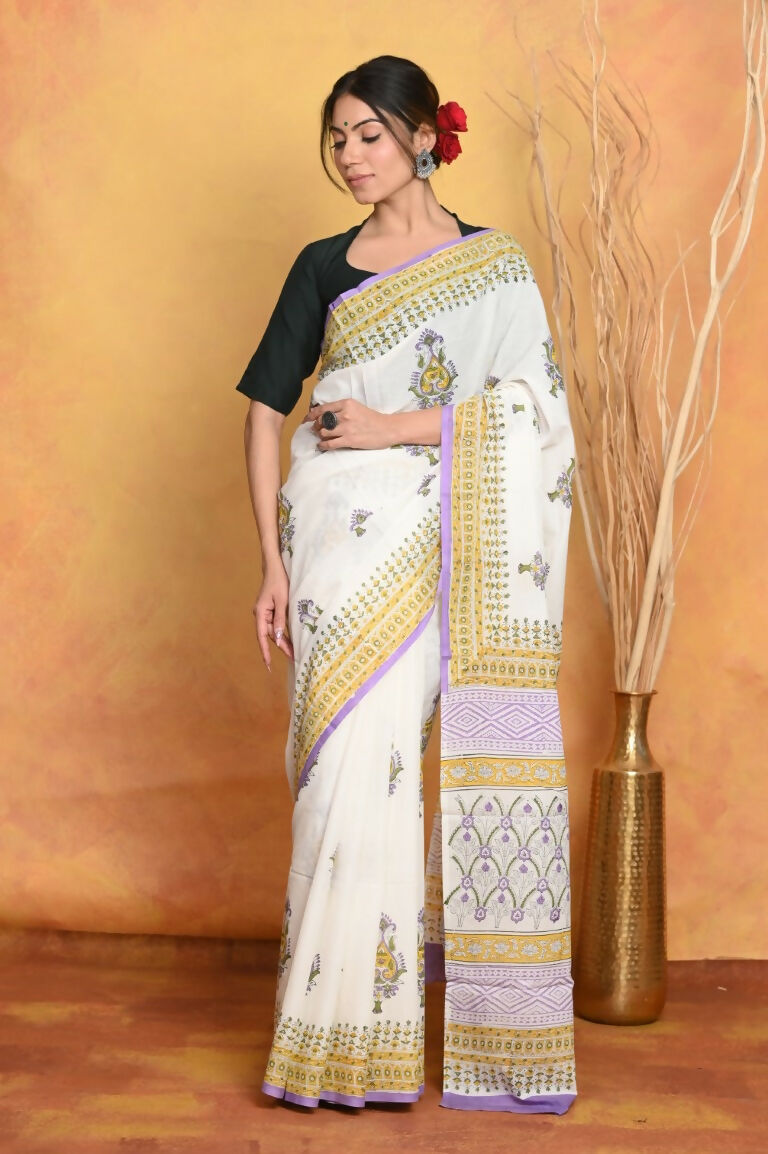 Very Much Indian Handblock Printed Cotton Saree With Natural Dyes - White - Distacart