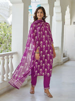 Thumbnail for The52 Wine Women's Beautiful Cotton Blend Fabric Printed Work Straight Kurta, Pant and Dupatta Set - Distacart