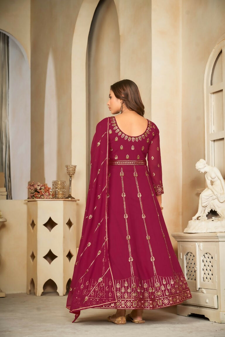 Jyoti Fashion Women's Rani Pink Georgette Embroidered Anarkali Kurta Pant Set With Dupatta - Distacart