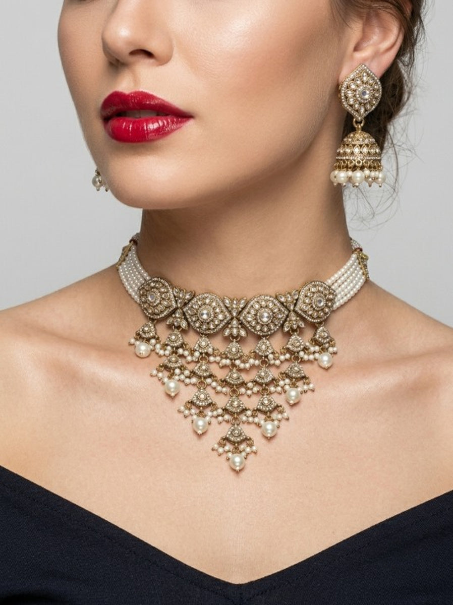 Jewel City Kundan Choker Jewelry Set with Jhumkas & Maang Tikka for Women-White