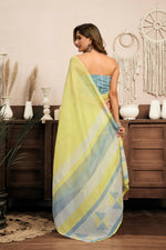 Thumbnail for Joban Fashion Bright Yellow Striped & Geomatric Linen Ready To Wear Saree With Unstitched Blouse - Distacart