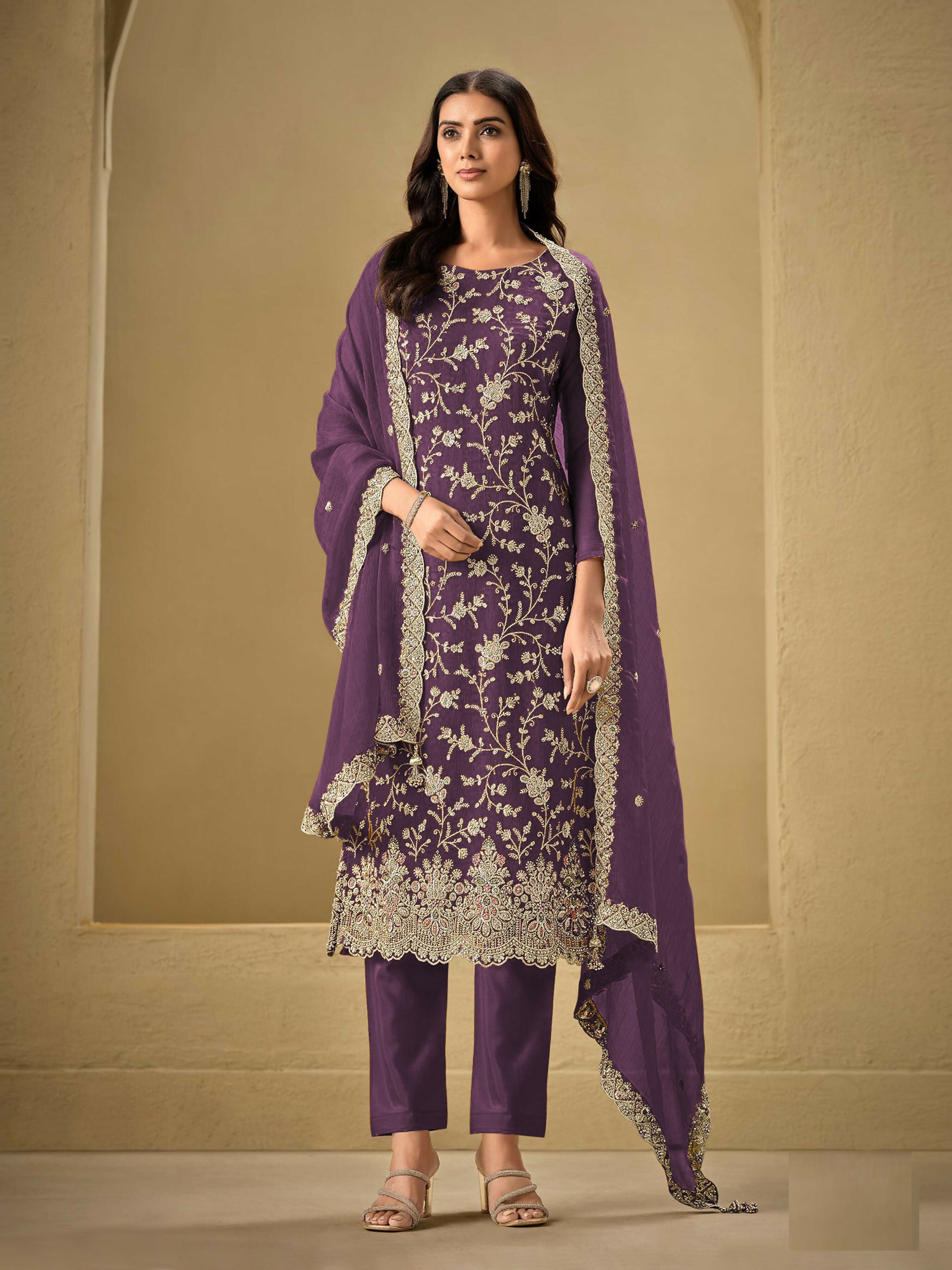 Anaita PuprleEmbroderied Silk Stitched Salwar Suit