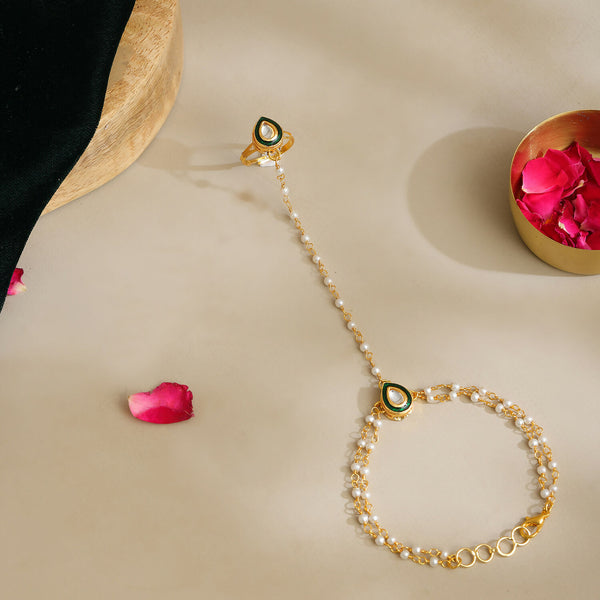 Ruby Raang Gold Green Meenakari Kundan Haath Phool