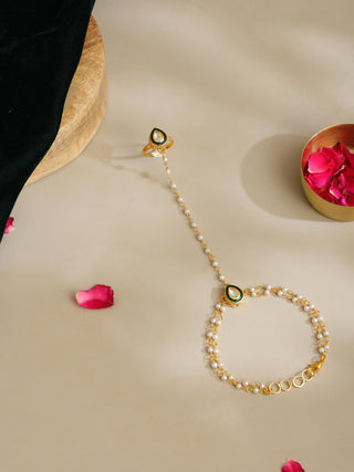 Ruby Raang Gold Green Meenakari Kundan Haath Phool