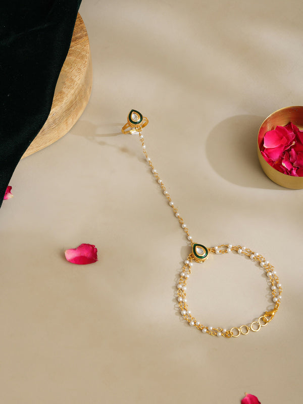 Ruby Raang Gold Green Meenakari Kundan Haath Phool