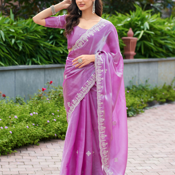 Vastranavya Light Pink Embroidery Work Shimmer Chiffon Saree with Unstitched Blouse - Distacart