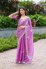 Thumbnail for Vastranavya Light Pink Embroidery Work Shimmer Chiffon Saree with Unstitched Blouse