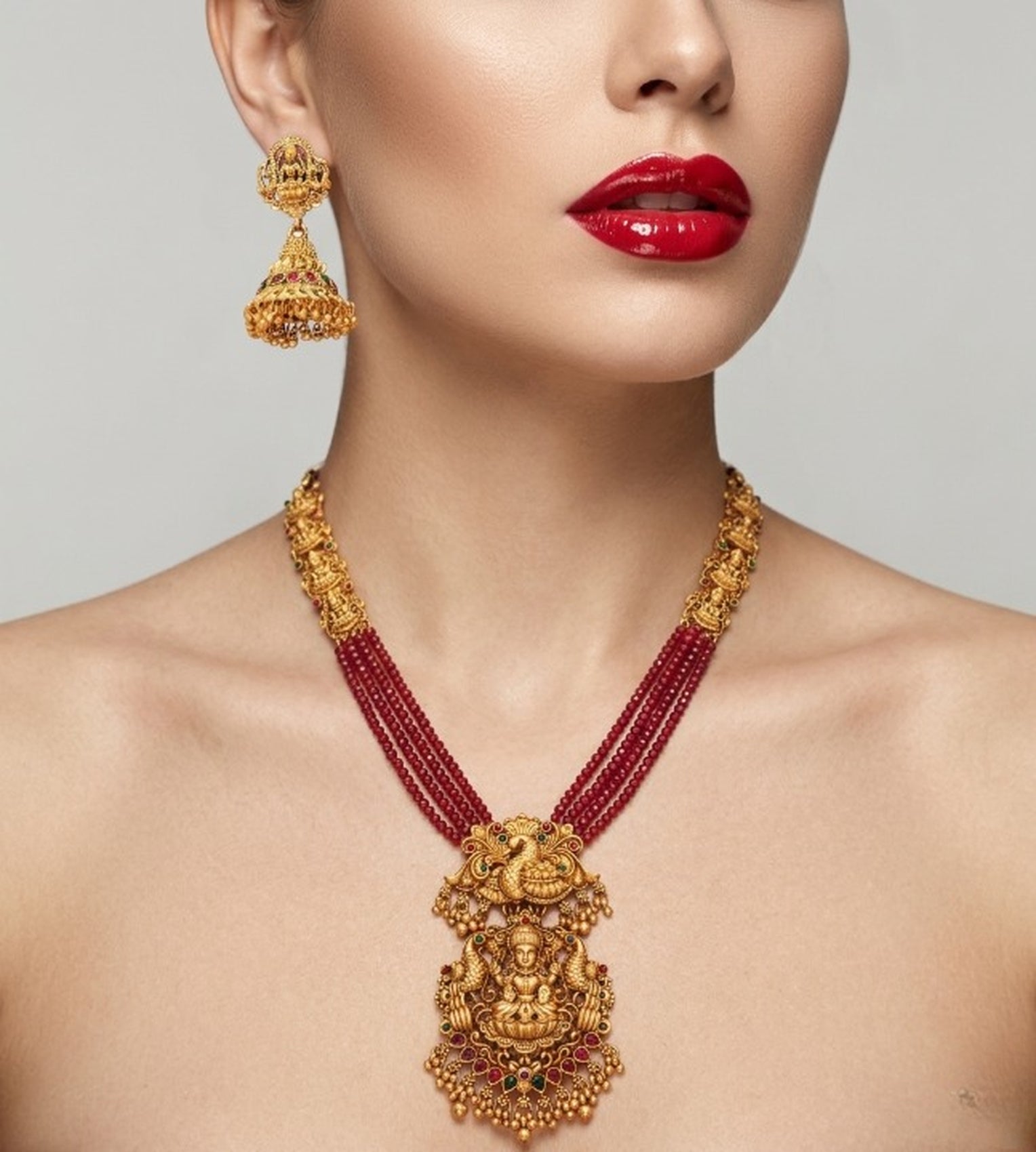 Jewel City Gold Plated South Indian Temple Jewelry Set - Long Pearl Haram Necklace with Jhumka Earrings for Wedding - Dista