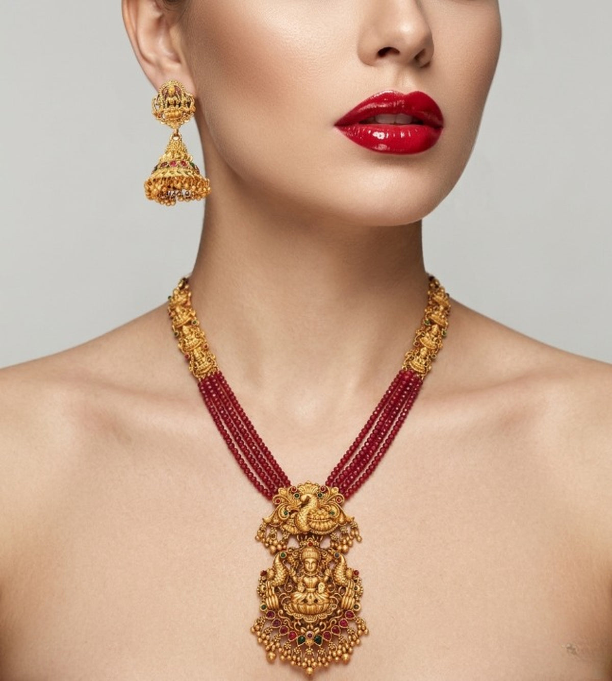 Jewel City Gold Plated South Indian Temple Jewelry Set - Long Pearl Haram Necklace with Jhumka Earrings for Wedding